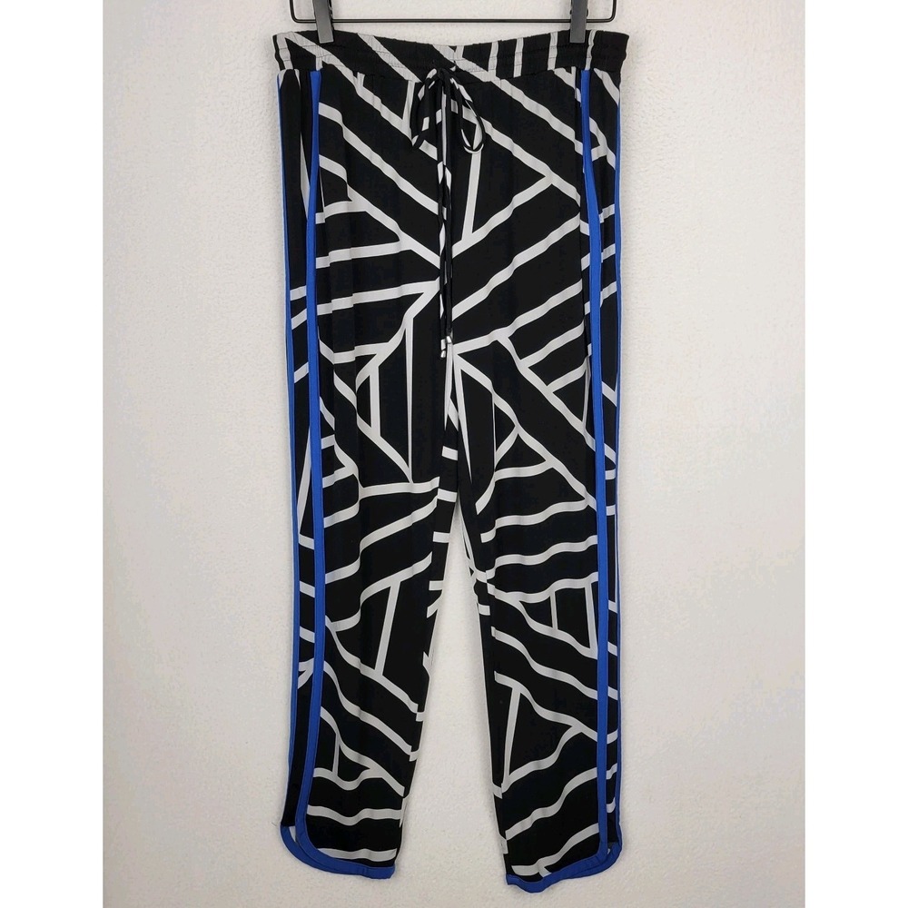 NY Collection Pull On Track Pants Size L Black White Geometric Stripe Activewear